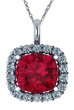 Chablis 2.5 Carat Cushion Cut Halo Pendant with lab grown diamond look cubic zirconia and man made ruby gemstone in 14k white gold.