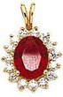 Oval 1.5 Carat Man Made Ruby Cluster Pendant with lab grown diamond alternative cubic zirconia in 14k yellow gold.
