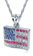 USA American Flag Pendant with lab grown diamond simulant cubic zirconia and man made ruby and sapphire gemstones in 14k white gold.