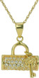 Papillion Purse and Key Pendant with pave set round lab grown diamond look cubic zirconia in 14k yellow gold.