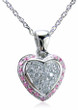 Puffed Pave Halo Mini Heart Pendant pave set round lab grown diamond look cubic zirconia pink cubic zirconia in 14k white gold.