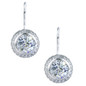 Brunini 2.5 carat round bezel set lab grown diamond simulant cubic zirconia pave halo wire drop earrings in 18k white gold.