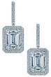 Emerald step cut 4 carat lab grown diamond look cubic zirconia pave halo drop earrings in 14k white gold.