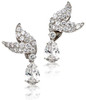 Pear 5 carat laboratory grown diamond simulant cubic zirconia pave set winged drop earrings in 14k white gold.