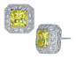 Chaumont princess cut bezel set canary laboratory grown diamond simulant cubic zirconia pave halo earrings in 14k white gold.
