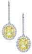 Canary yellow 1.5 carat oval diamond quality cubic zirconia double halo pave drop earrings in 14k white gold.