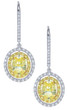 Canary yellow 1.5 carat oval la grown diamond alternative cubic zirconia double halo pave drop earrings in 14k white gold.