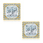 4 carat each LaRue princess cut laboratory grown diamond look cubic zirconia halo stud earrings in 14k yellow gold.