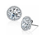 Stunner 3 carat round diamond simulant cubic zirconia micro pave halo stud earrings in 14k white gold.