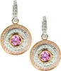 Cleopatra pink lab grown diamond alternative cubic zirconia 1 carat round rose gold double halo drop earrings in 14k gold.