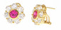 Rosario man made ruby and lab grown diamond alternative cubic zirconia round flower style earrings in 14k gold.