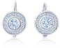 Roulette bezel channel set round laboratory grown diamond simulant cubic zirconia halo euro wire earrings in 14k white gold.