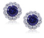 Scalloped 1 carat round halo lab created sapphire cubic zirconia cluster stud earrings in 14k white gold.