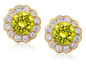 Scalloped 1 carat round halo lab created canary cubic zirconia cluster stud earrings in 14k yellow gold.