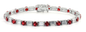 Alternating lab grown diamond simulant cubic zirconia double baguette and man made ruby rounds bracelet in 14k white gold.