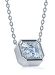 Asscher cut bezel set lab created diamond simulant cubic zirconia solitaire pendant in 18k white gold.