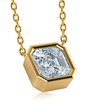 Asscher cut bezel set lab grown diamond look cubic zirconia solitaire pendant in 14k yellow gold.