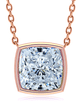 Cushion cut square bezel set lab created diamond simulant cubic zirconia solitaire pendant in 14k rose gold.