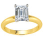 Emerald step cut lab grown diamond simulant cubic zirconia four prong classic solitaire engagement ring in 14k yellow gold.