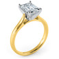 Emerald step cut lab grown diamond simulant cubic zirconia cathedral solitaire engagement ring in 18k yellow gold shank with platinum head and prongs.