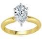 Pear shape lab grown diamond simulant cubic zirconia 6 prong classic solitaire engagement ring in 18k yellow gold with platinum prongs.