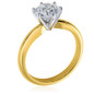 Round six prong lab grown diamond look alternative cubic zirconia tiffany style solitaire engagement ring in 18K yellow gold.