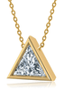Trillion triangle bezel set lab grown diamond look cubic zirconia solitaire pendant in 18k yellow gold.