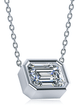 Emerald step cut bezel set lab grown diamond look cubic zirconia horizontal solitaire pendant in 18k white gold.