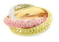 Tri color pave set round lab created cubic zirconia intertwined eternity wedding band in 14k gold.