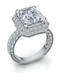 Marcella 5.5 carat emerald radiant cut halo lab grown diamond simulant cubic zirconia engraved solitaire in 14k white gold.