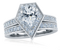 Pear 2 Carat Pentagon Shape Halo Cathedral Wedding Set with lab grown diamond alternative cubic zirconia in 14k white gold.