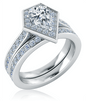 Pear 2 Carat Pentagon Shape Halo Cathedral Bridal Set with laboratory grown diamond look cubic zirconia in 18k white gold.