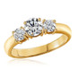 Three stone round laboratory grown diamond alternative cubic zirconia shared prong engagement ring in 14k yellow gold.