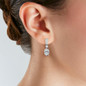 Woman wearing Vail 2.5 carat oval, baguette and round lab created diamond look cubic zirconia drop earrings in platinum.