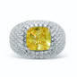 Dorset 5.5 carat cushion cut yellow canary laboratory grown diamond simulated cubic zirconia pavé dome ring in platinum.