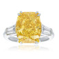 Elongated cushion cut fancy vivid lab-grown canary yellow lab grown diamond alternative cubic zirconia baguette solitaire ring with split prongs in 14K two-tone gold.