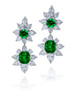 Regency cushion cut lab grown diamond look cubic zirconia halo cluster man made emerald drop earrings in 14k yellow gold.