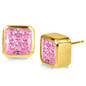 Princess cut square bezel set pink lab grown diamond simulant cubic zirconia stud earrings in 14k yellow gold.