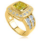 Cushion cut bezel set 2.5 carat lab grown diamond simulant cubic zirconia halo ring in 14k yellow gold.