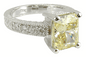 Claudine 2.5 emerald radiant cut canary lab created diamond alternative cubic zirconia engraved pave solitaire engagement ring in 14k white gold.