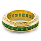 Channel set princess cut and pave set round man made emerald and laboratory grown diamond simulant cubic zirconia eternity band in 14k yellow gold.