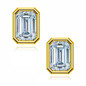 Emerald step cut bezel set lab grown diamond look cubic zirconia stud earrings in 14k yellow gold.