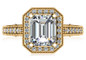 Emerald cut 2.5 carat laboratory grown diamond simulant cubic zirconia halo pave cathedral solitaire engagement ring in 18k gold.