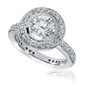 Halo bezel set 2 carat round and pave lab grown diamond alternative cubic zirconia bridal wedding set in platinum.