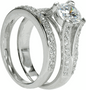 Chauncey round 1.5 carat lab grown diamond look cubic zirconia pave split shank bridal wedding set in 14k white gold.