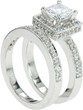 Princess cut 1 carat halo laboratory grown diamond look cubic zirconia three ring set in 14k white gold.