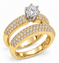 Wide Pave Set 1.5 Carat Round Bridal Set with grown lab grown diamond quality cubic zirconia in 14k yellow gold.