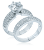 Pave Splendor 1.5 carat round wide pave set lab grown diamond alternative cubic zirconia wedding set in 14k white gold.