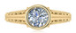 Round 1.5 carat bezel set lab grown diamond alternative cubic zirconia engraved antique estate styled ring in 18k yellow gold.