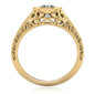 Round 1.5 carat bezel set lab grown diamond quality cubic zirconia engraved antique estate styled ring in 14k yellow gold.